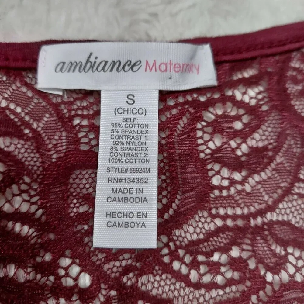New Ambiance Maternity Top Small V-Neck Ruched Maroon Lace-Detail Long Sleeve